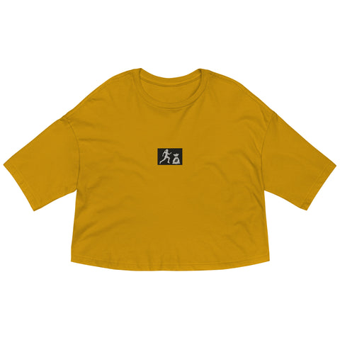 "W. Run it up Patch" Mustard (Black logo) Embroidered Loose drop shoulder crop top